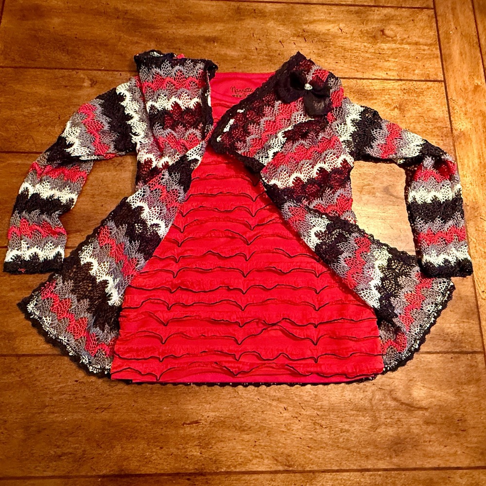 Nannette Kids Girls 5 Knit Cardigan Red Layered Ruffle‎ Dress Outfit Set A-0119 - Picture 4 of 15
